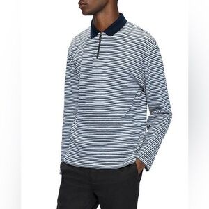 Ted Baker Cotton Blend Textured Stripe Relaxed Fit‎ Quarter Zip Polo Shirt, NWT